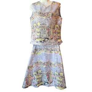 JW (JUNCTION WEST) 100% Silk Cityscape Skirt‎ Blouse 2-Piece Set Multicolor Sz 6